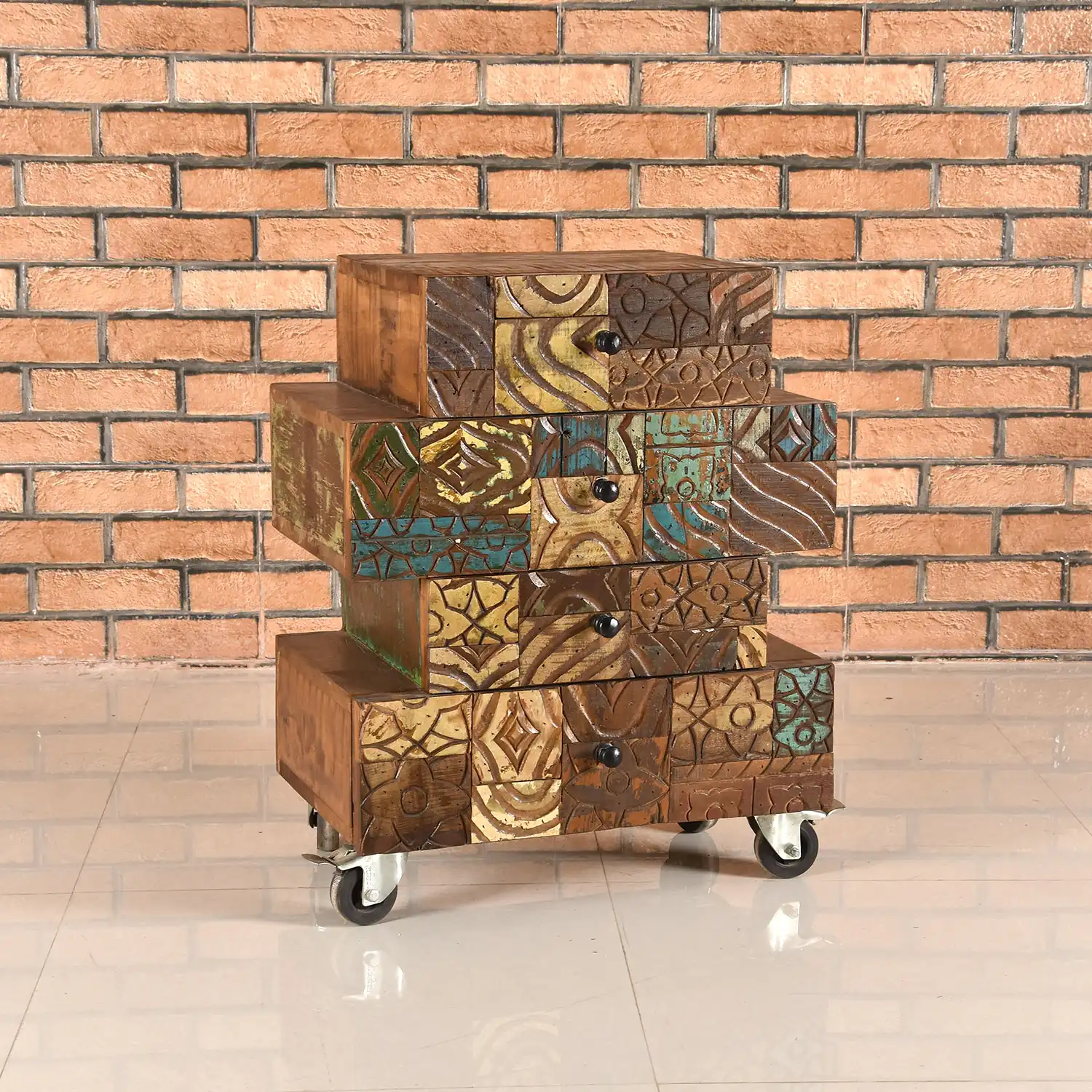 Reclaimed Wood Carved Blocks Zigzag Drawer Chest with 4 Drawers - popular handicrafts